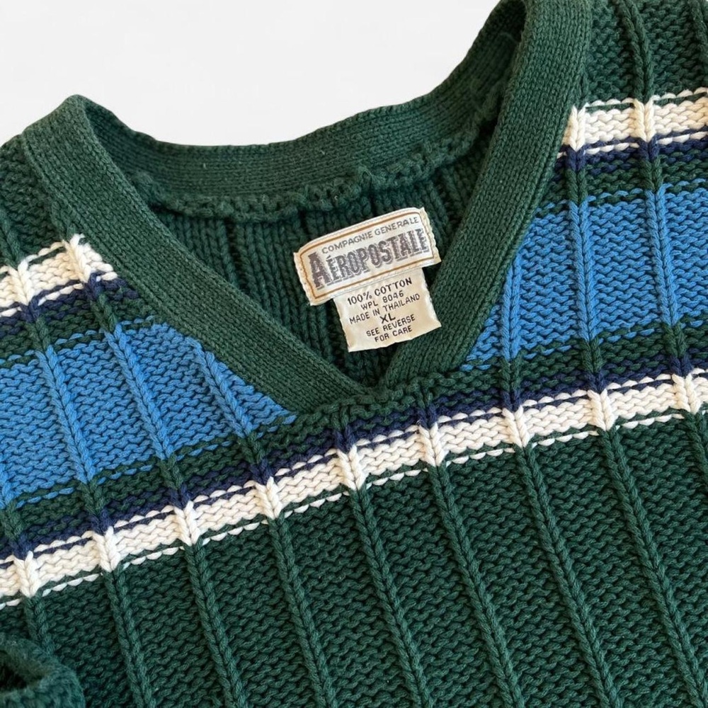 Vintage Aeropostale Green Cotton Chunky Ribbed Knit Blue & White V- Neck Sweater - Picture 2 of 5